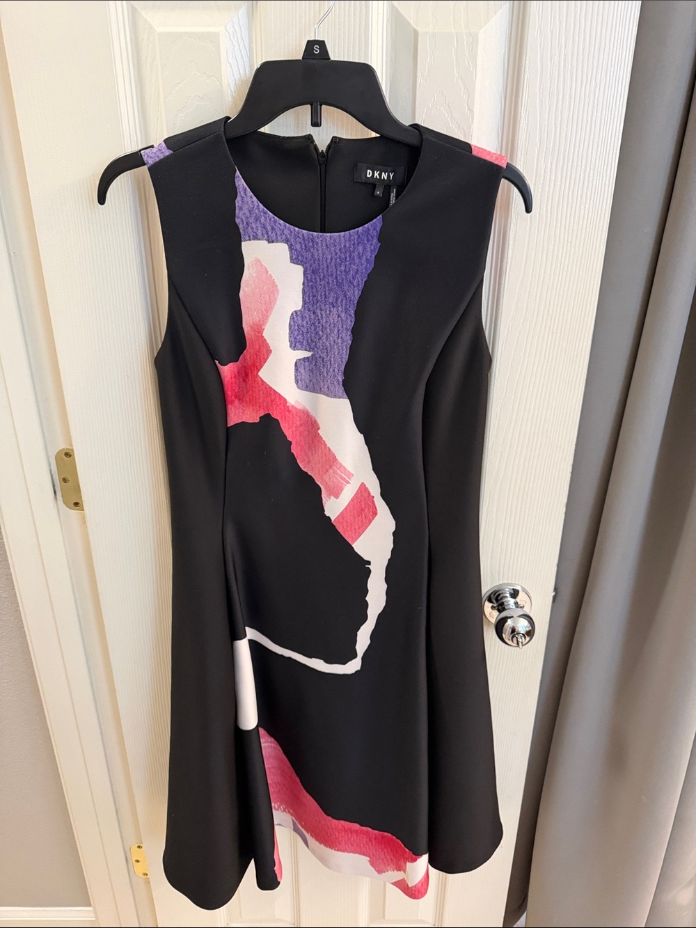 DKNY Black Mini Dress with Purple, Pink & White Abstract Print